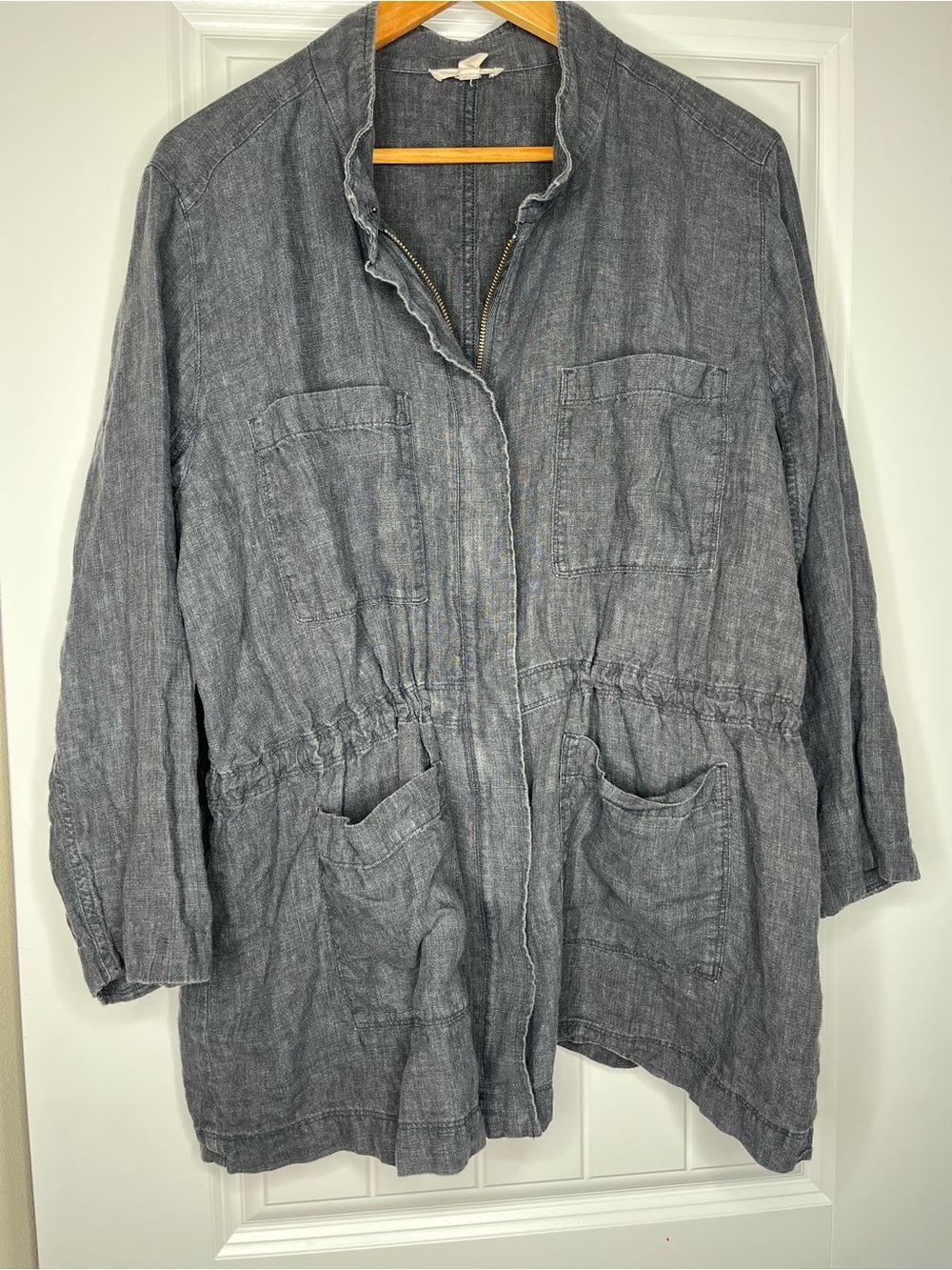 Eileen Fisher Washed Organic Linen Délavé Stand Collar Jacket Womens Large Gray - Picture 5 of 6